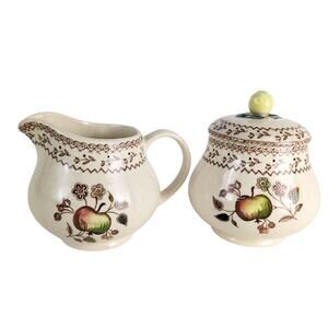 Vtg Johnson Brothers England Fruit Sampler Sugar Bowl w Lid, Creamer Old Granite